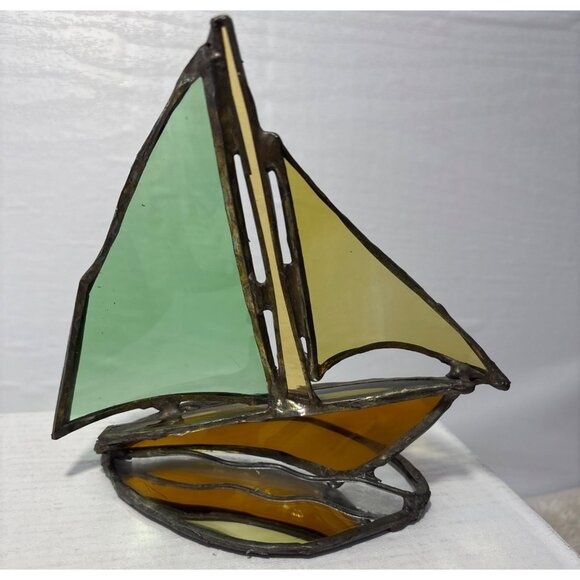 Stained Glass Sailboat Mirrored Base 6" Tall Green Yellow Brown Beach Lakehouse - Picture 4 of 8